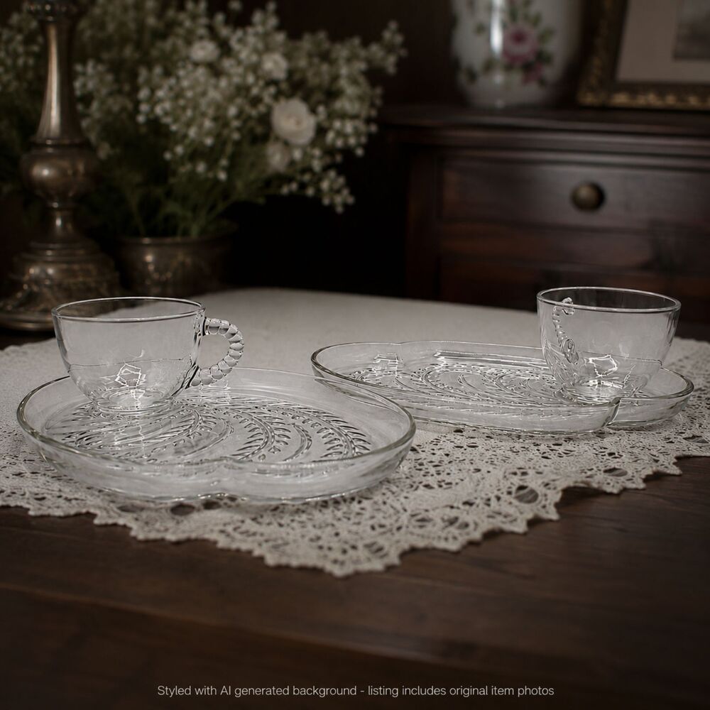 Vintage Federal Glass Lunch Plate & Cup Sets Homestead Wheat Pattern Oval Shape